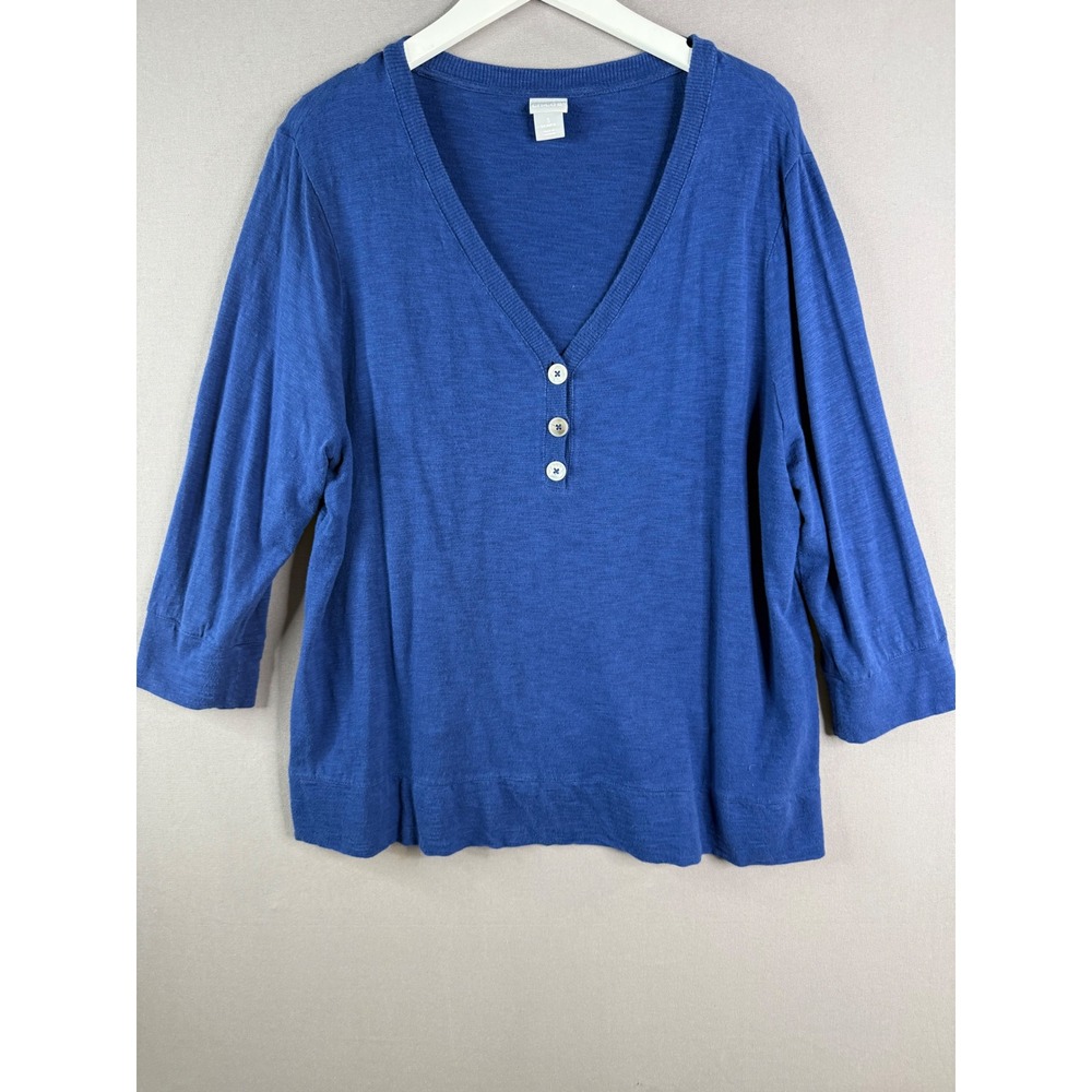 Chico's Henley Top Womens 3 XL Blue 3/4 Sleeve Cotton Modal V-Neck Slub Knit